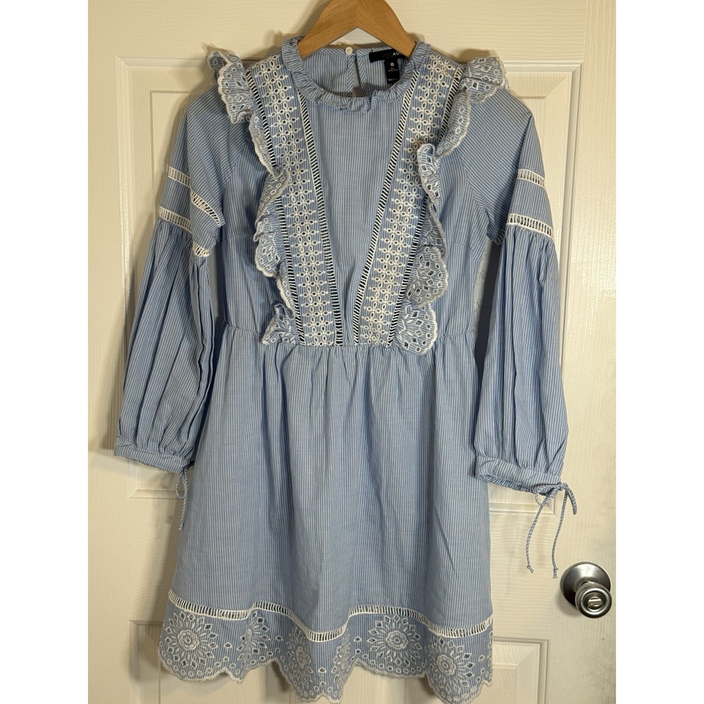AQUA Blue/White Striped Cottage 100% Cotton Lace Ruffle 3/4 Sleeve Dress Size S